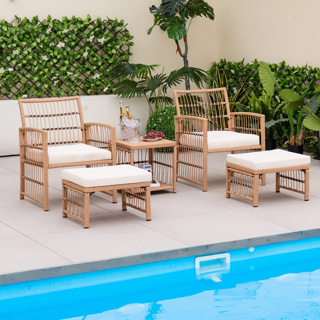 5 Piece Patio Wicker Sofa Set with Seat and Back Cushions – Natural