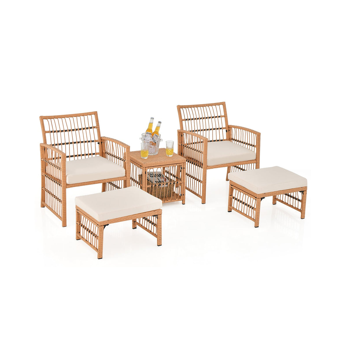 5 Piece Patio Wicker Sofa Set with Seat and Back Cushions – Natural