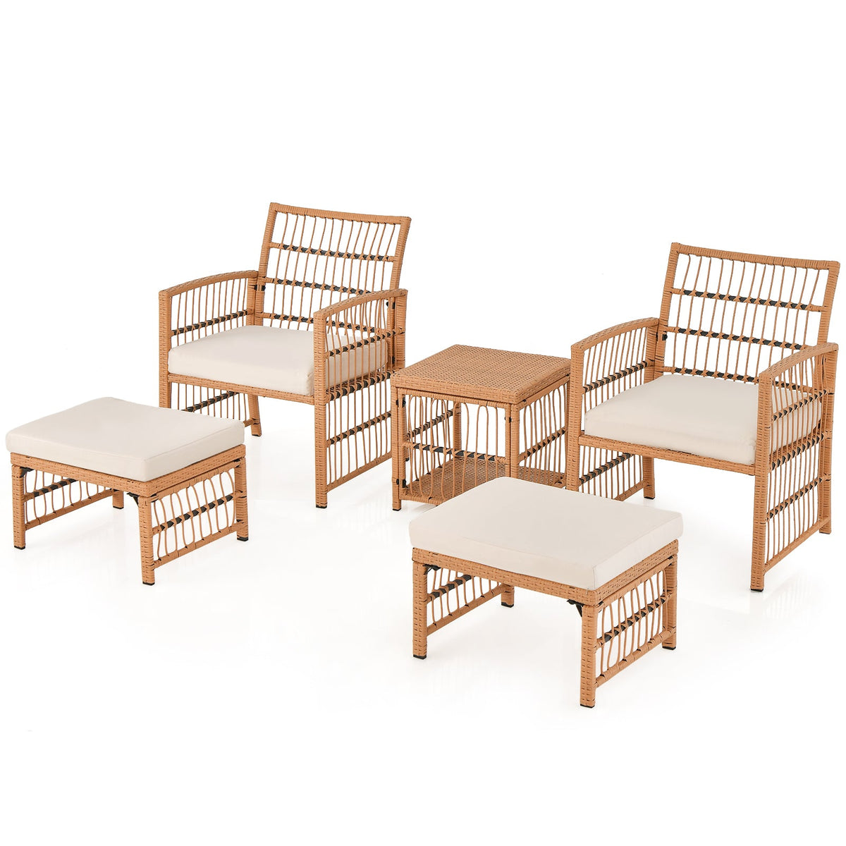 5 Piece Patio Wicker Sofa Set with Seat and Back Cushions – Natural