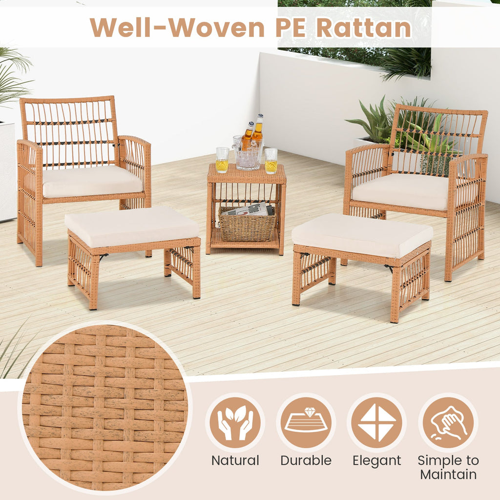 5 Piece Patio Wicker Sofa Set with Seat and Back Cushions – Natural