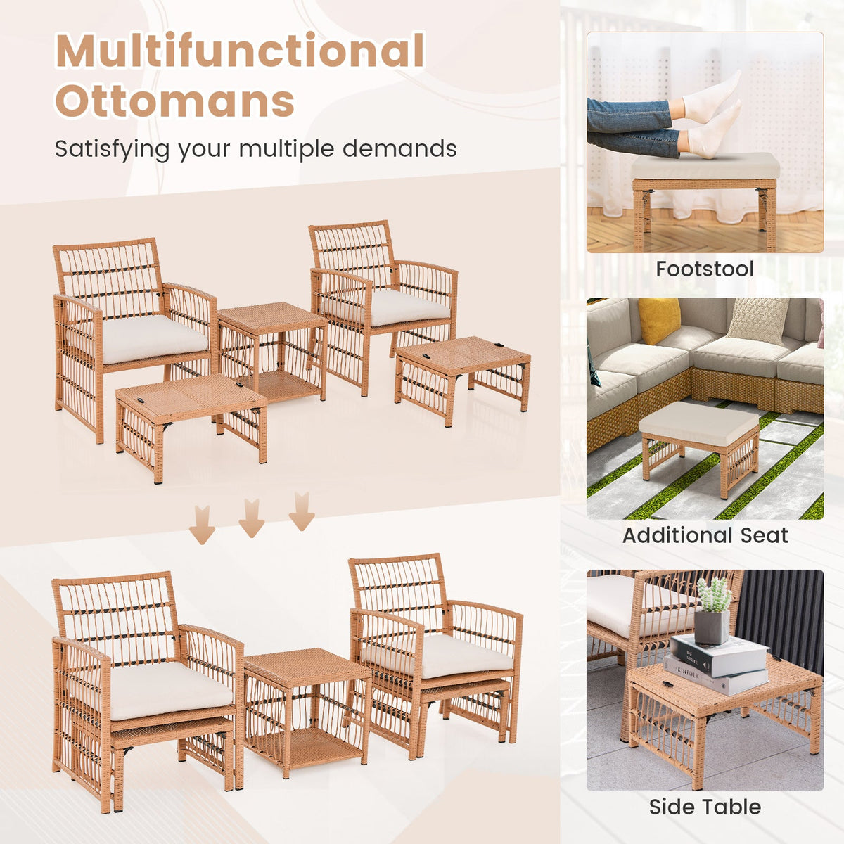 5 Piece Patio Wicker Sofa Set with Seat and Back Cushions – Natural