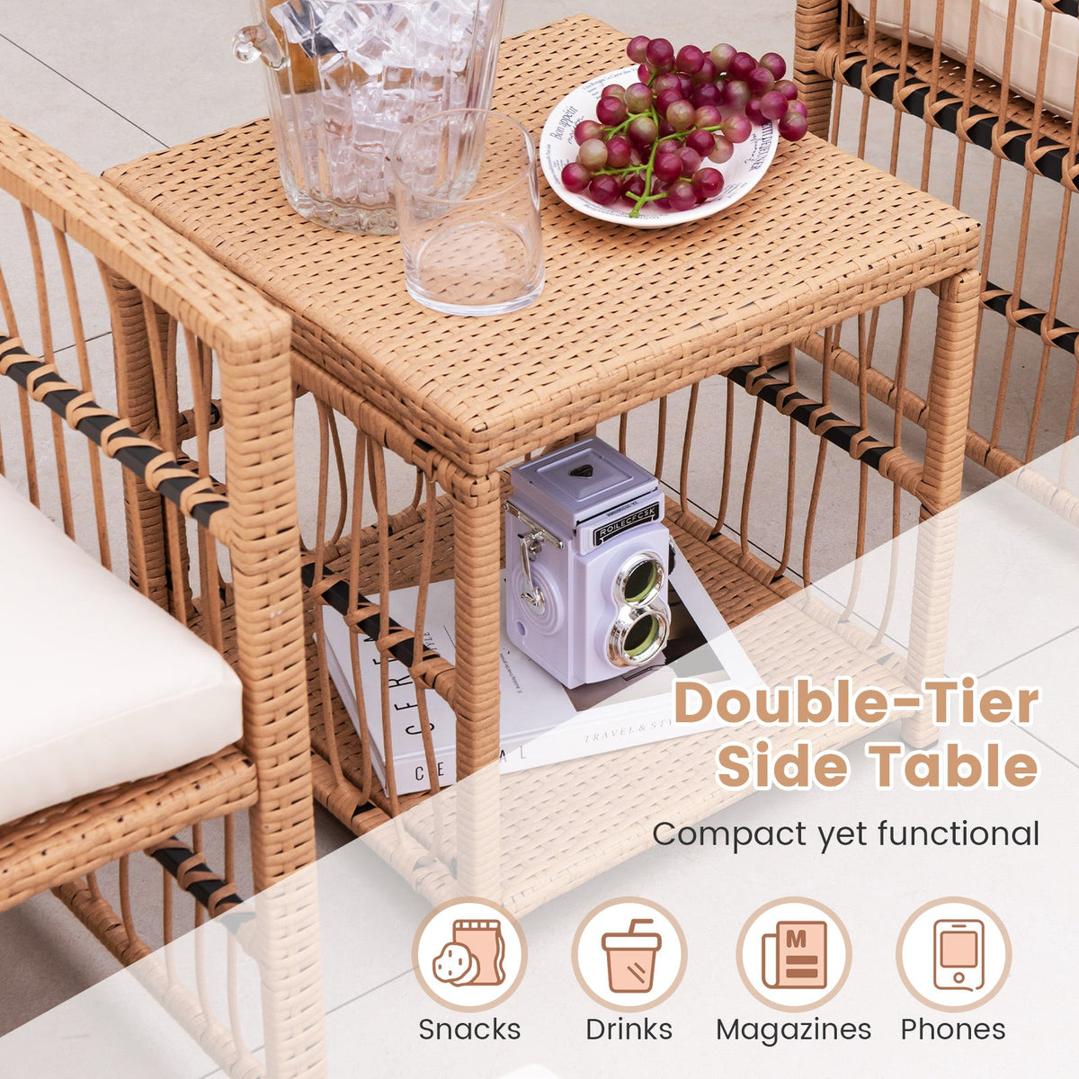 5 Piece Patio Wicker Sofa Set with Seat and Back Cushions – Natural