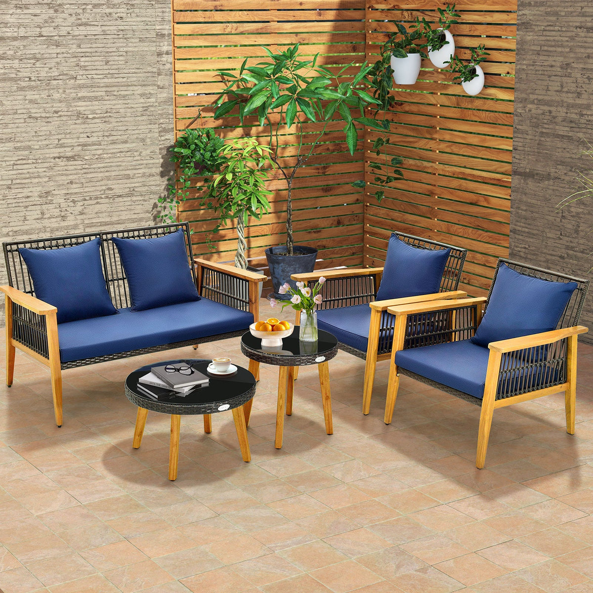 5 Piece Outdoor Conversation Set with 2 Coffee Tables for Backyard Poolside – Navy