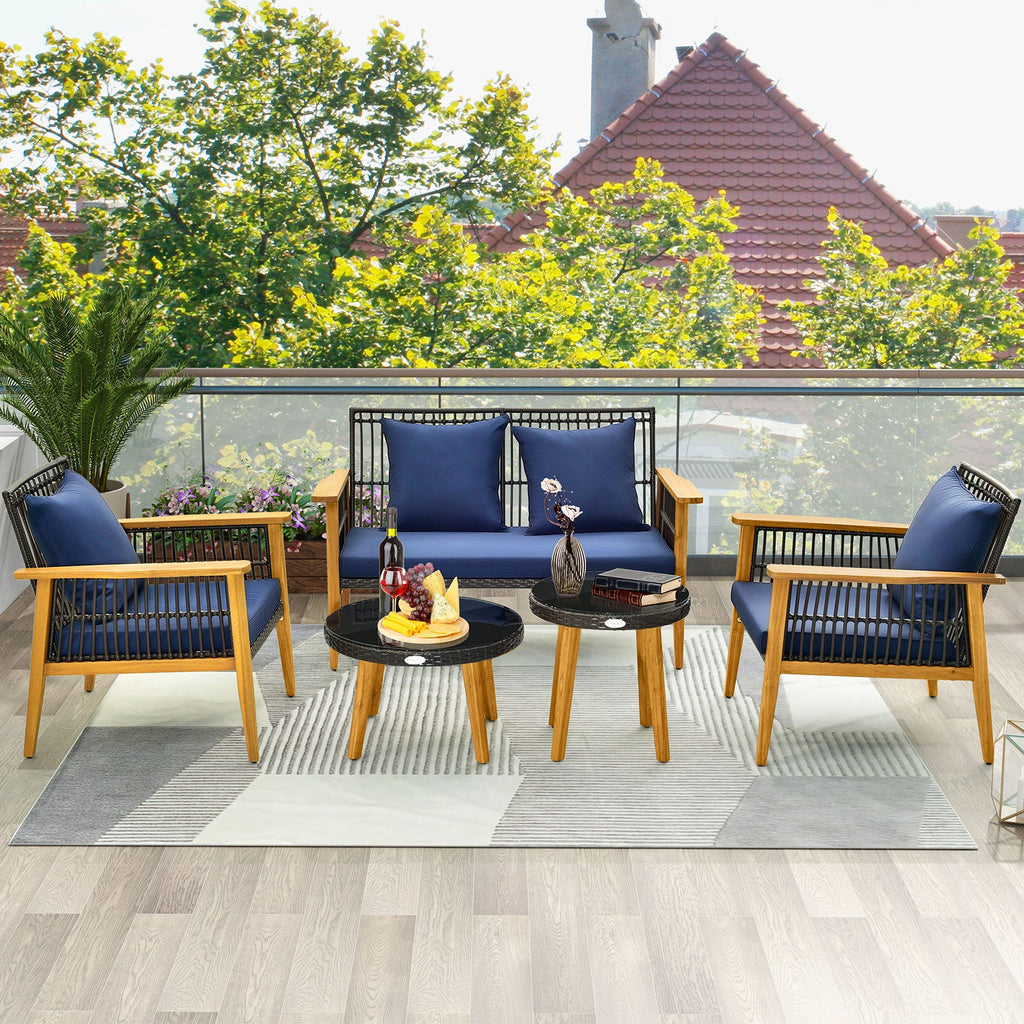 5 Piece Outdoor Conversation Set with 2 Coffee Tables for Backyard Poolside – Navy