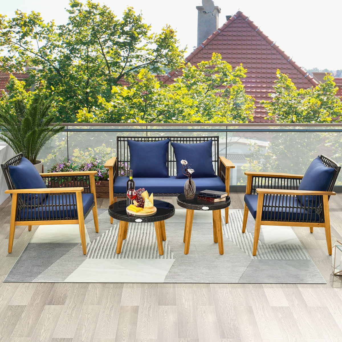 5 Piece Outdoor Conversation Set with 2 Coffee Tables for Backyard Poolside – Navy