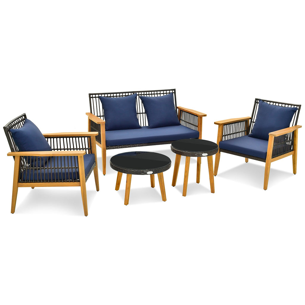 5 Piece Outdoor Conversation Set with 2 Coffee Tables for Backyard Poolside – Navy