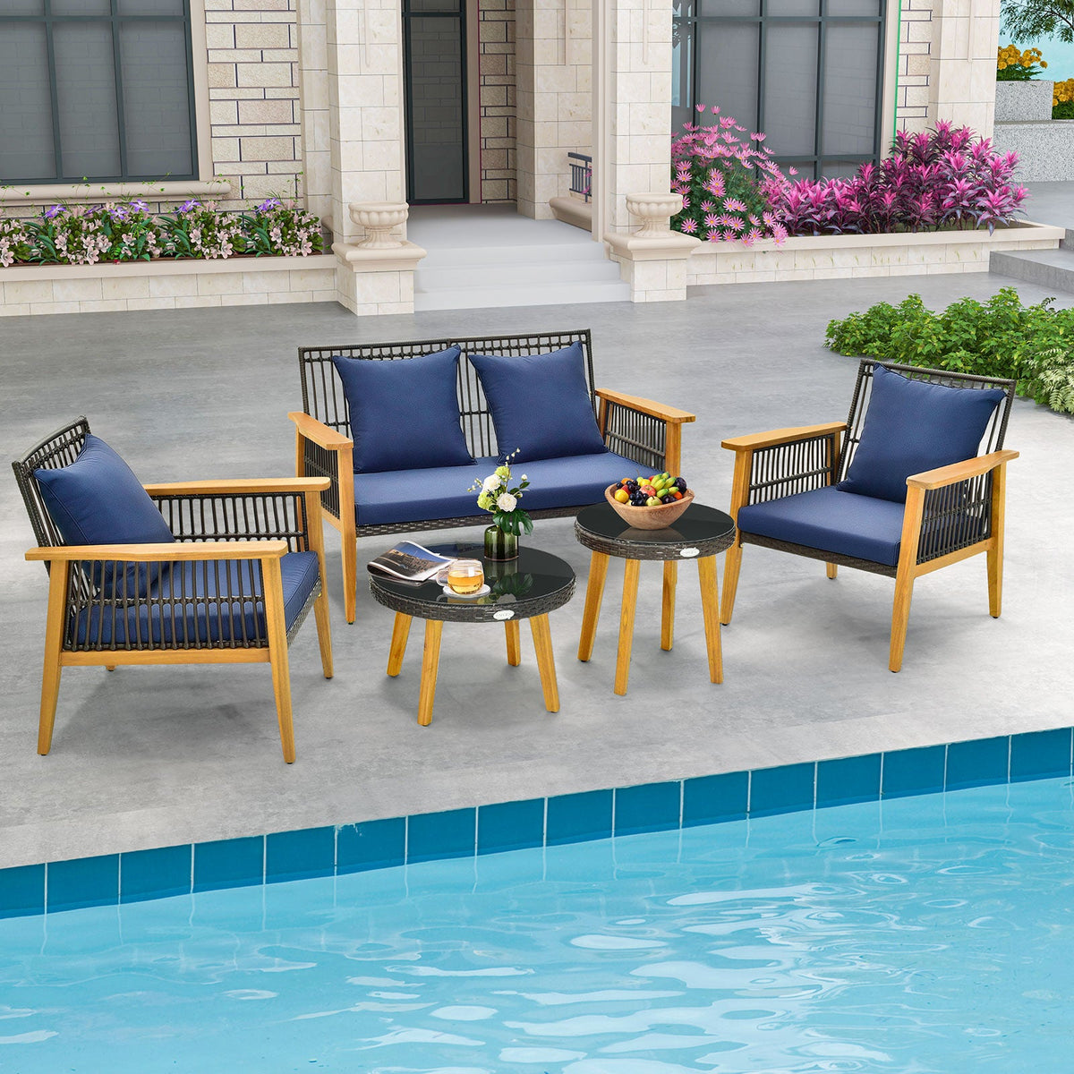 5 Piece Outdoor Conversation Set with 2 Coffee Tables for Backyard Poolside – Navy