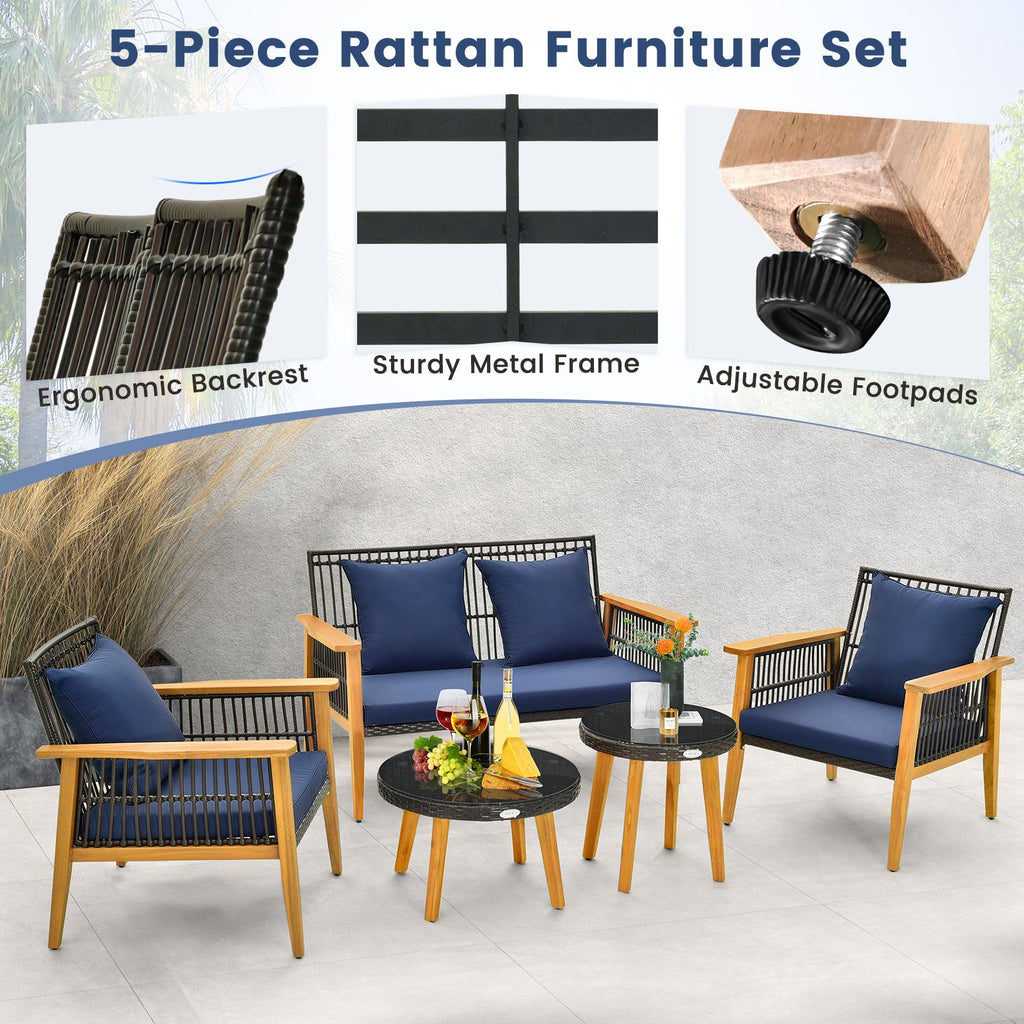 5 Piece Outdoor Conversation Set with 2 Coffee Tables for Backyard Poolside – Navy