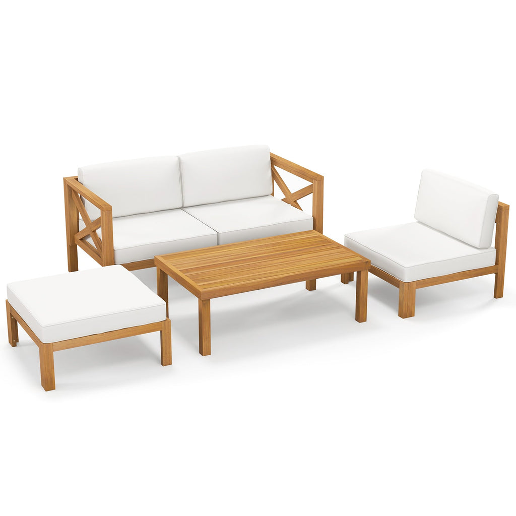 5 Piece Outdoor Conversation Furniture Set with 3 Chairs 1 Ottoman and 1 Coffee Table – White