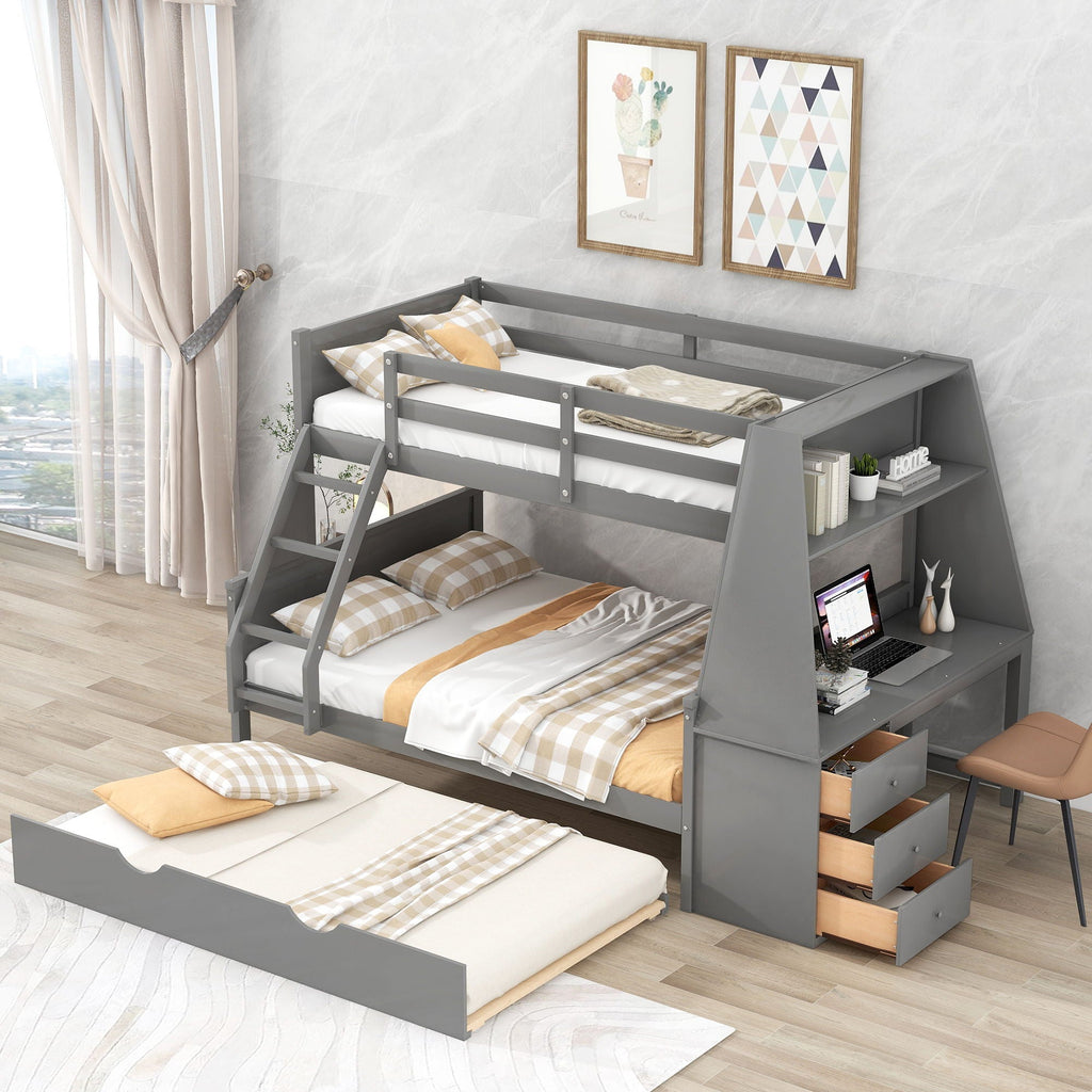 Bunk Bed with Trundle & Built In Desk, 3 Storage Drawers & Shelf