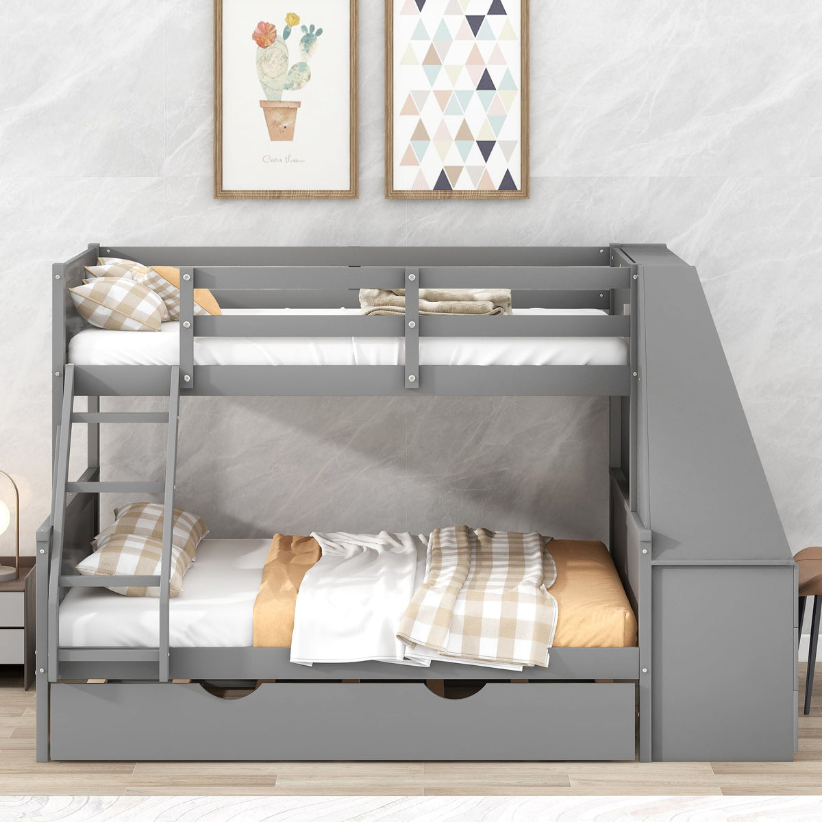 Bunk Bed with Trundle & Built In Desk, 3 Storage Drawers & Shelf