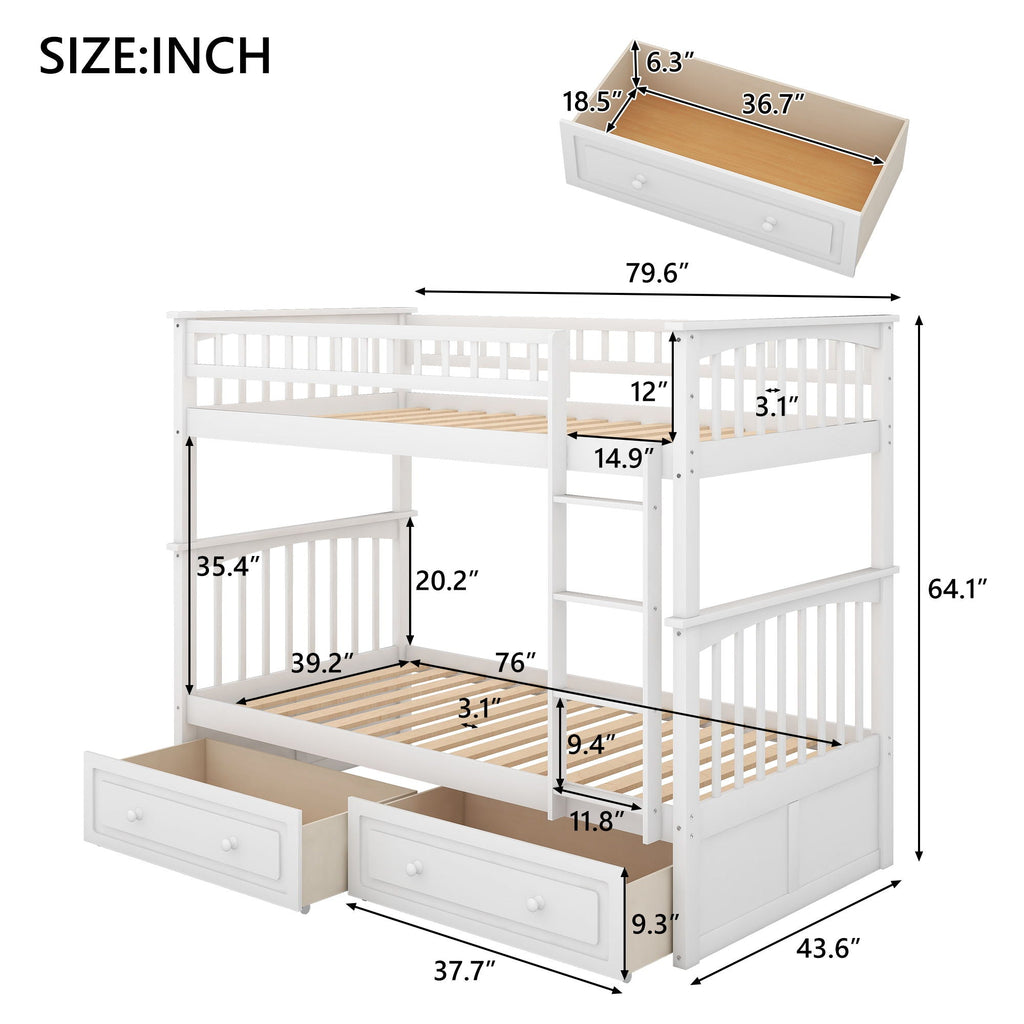 Mystrene - Twin Over Twin Bunk Bed with Drawers, Convertible Beds