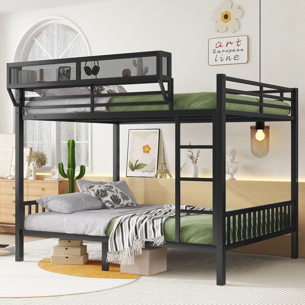 Queen Over Queen Bunk Bed with Ladder & Storage Shelf – Black