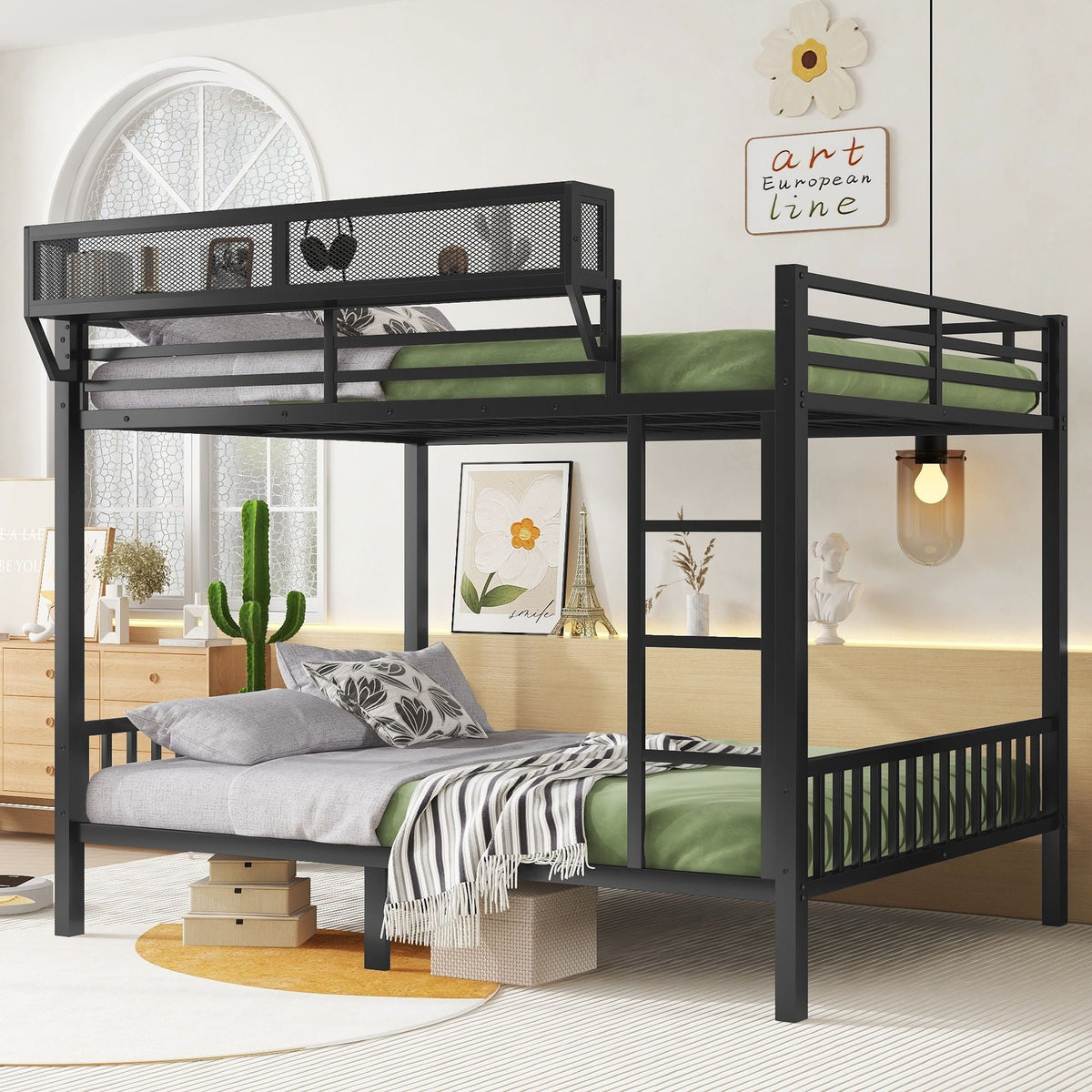 Queen Over Queen Bunk Bed with Ladder & Storage Shelf – Black