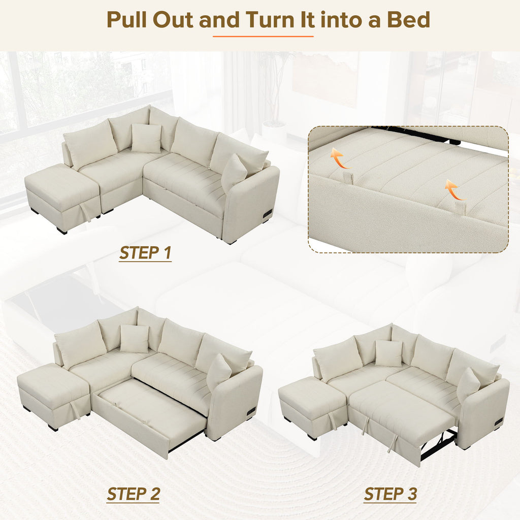 L-Shaped Sectional Pull Out Sofa Bed Sleeper Sofa with Two USB Ports