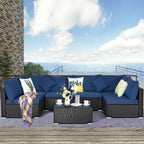 7-Piece Sectional Wicker Furniture Sofa Set with Tempered Glass Top – Red