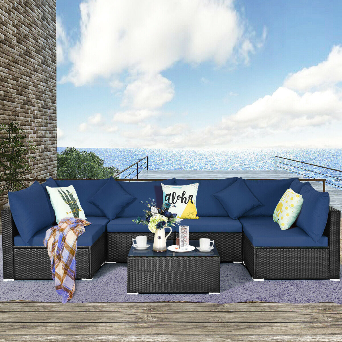 7-Piece Sectional Wicker Furniture Sofa Set with Tempered Glass Top – Red