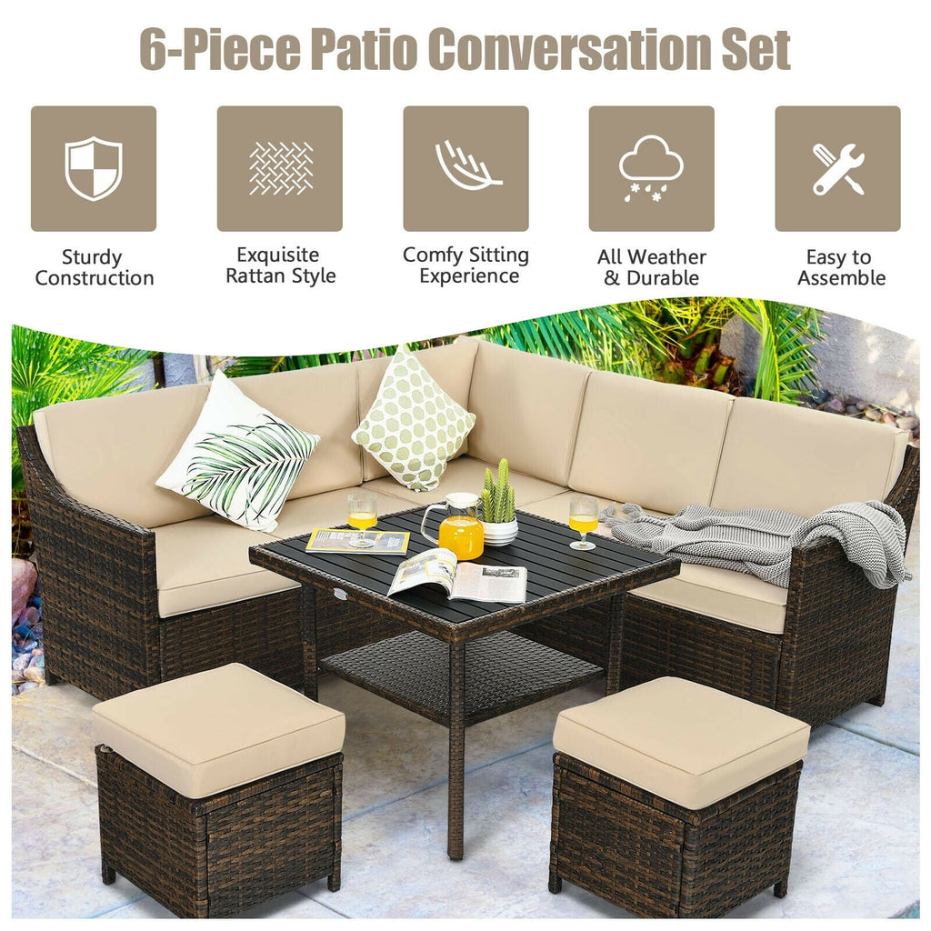 6-Piece Patio Rattan Dining Sofa Furniture Set