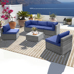 6 Piece Patio Conversation Sofa Set with Tempered Glass Coffee Table – Navy
