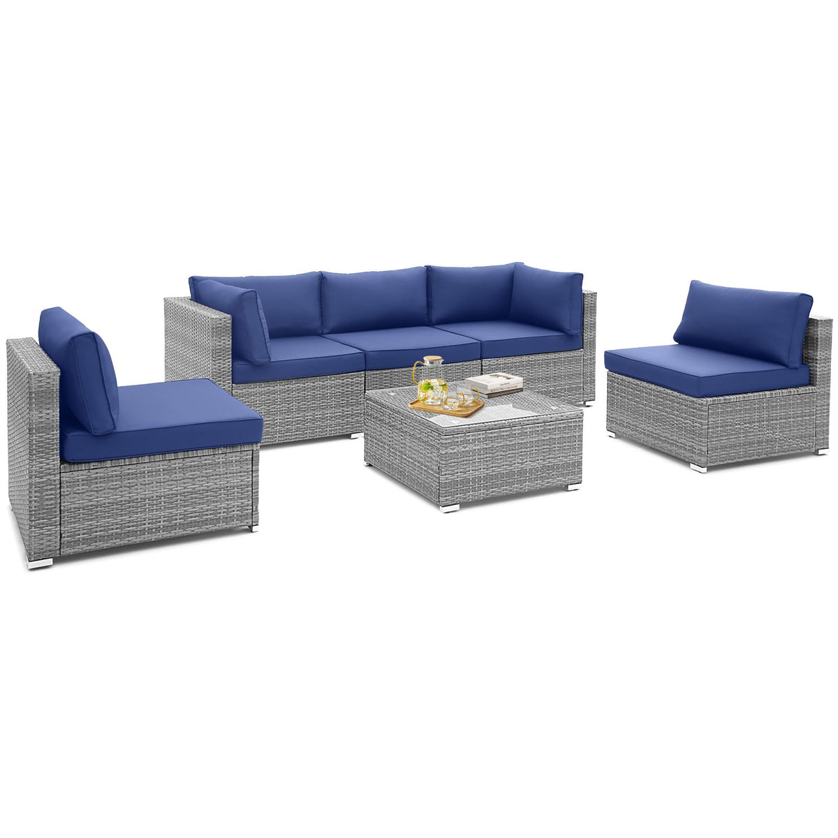 6 Piece Patio Conversation Sofa Set with Tempered Glass Coffee Table – Navy