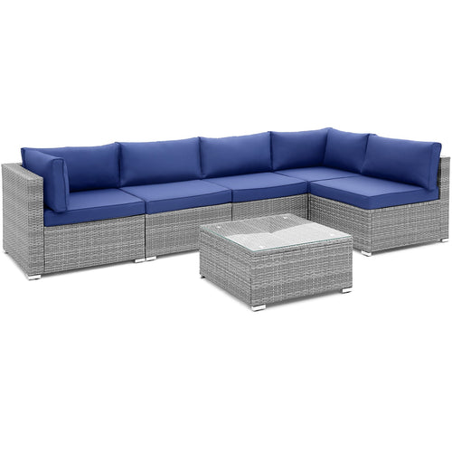6 Piece Patio Conversation Sofa Set with Tempered Glass Coffee Table – Navy