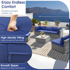 6 Piece Patio Conversation Sofa Set with Tempered Glass Coffee Table – Navy
