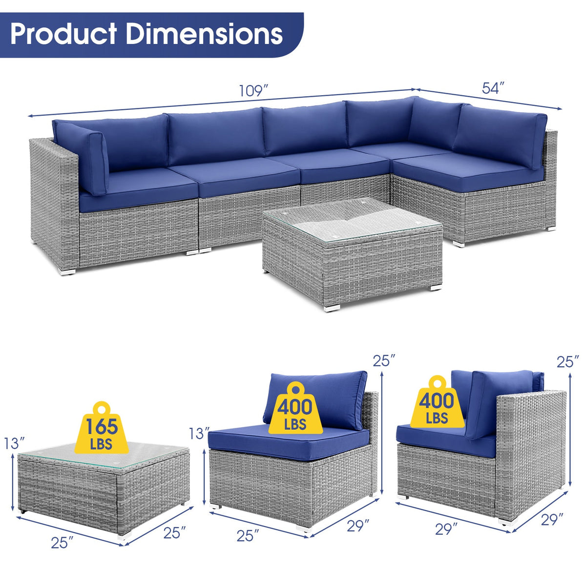 6 Piece Patio Conversation Sofa Set with Tempered Glass Coffee Table – Navy