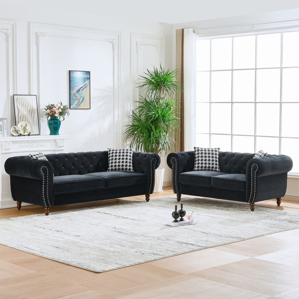 Chesterfield 3 & 2-Seater Upholstery Sofa with Roll Armrest & Nailhead Fabric Couch