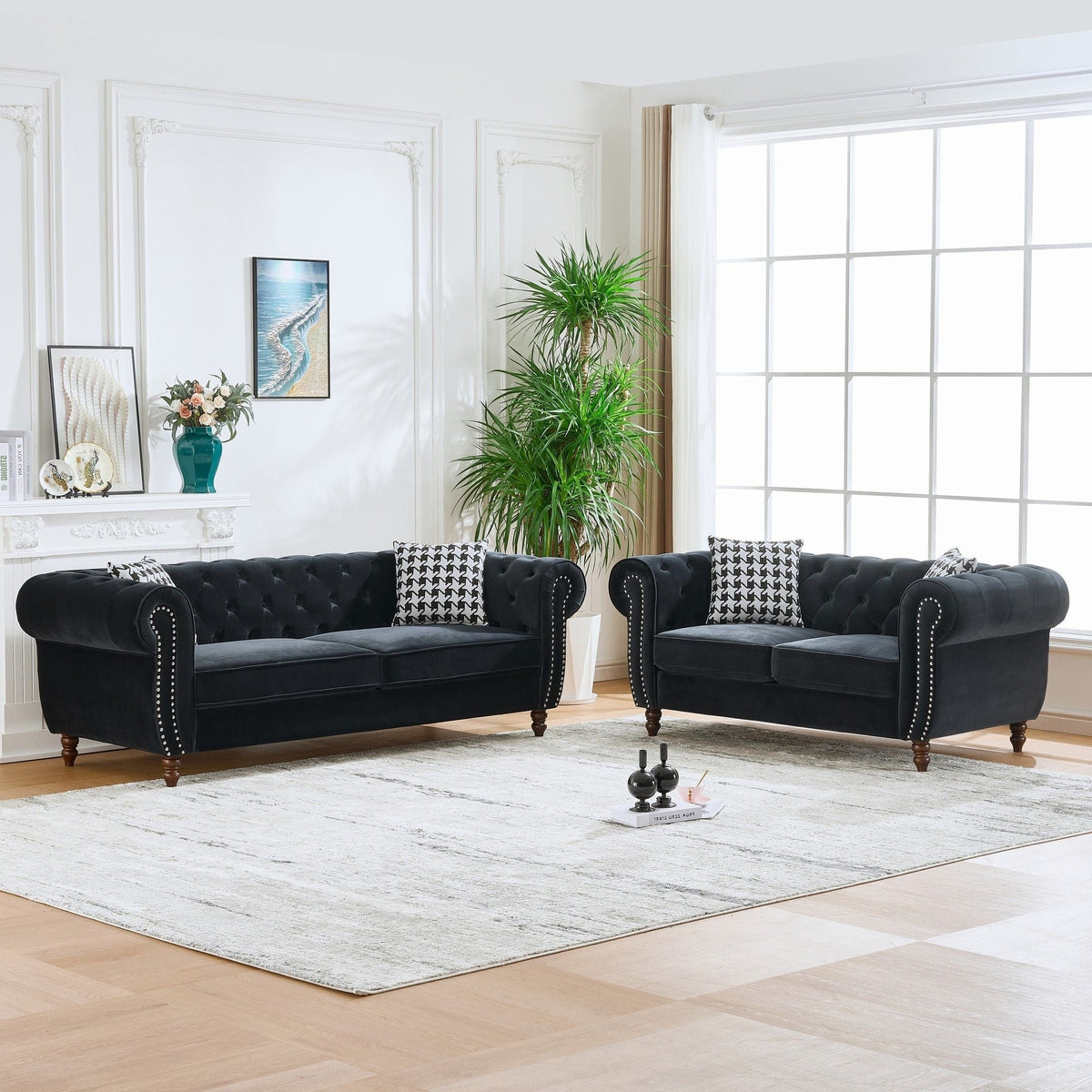 Chesterfield 3 & 2-Seater Upholstery Sofa with Roll Armrest & Nailhead Fabric Couch