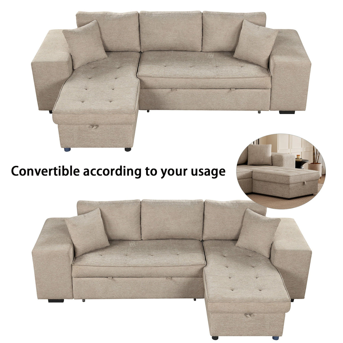 Modern L-Shape 3 Seat Reversible Sectional Couch
