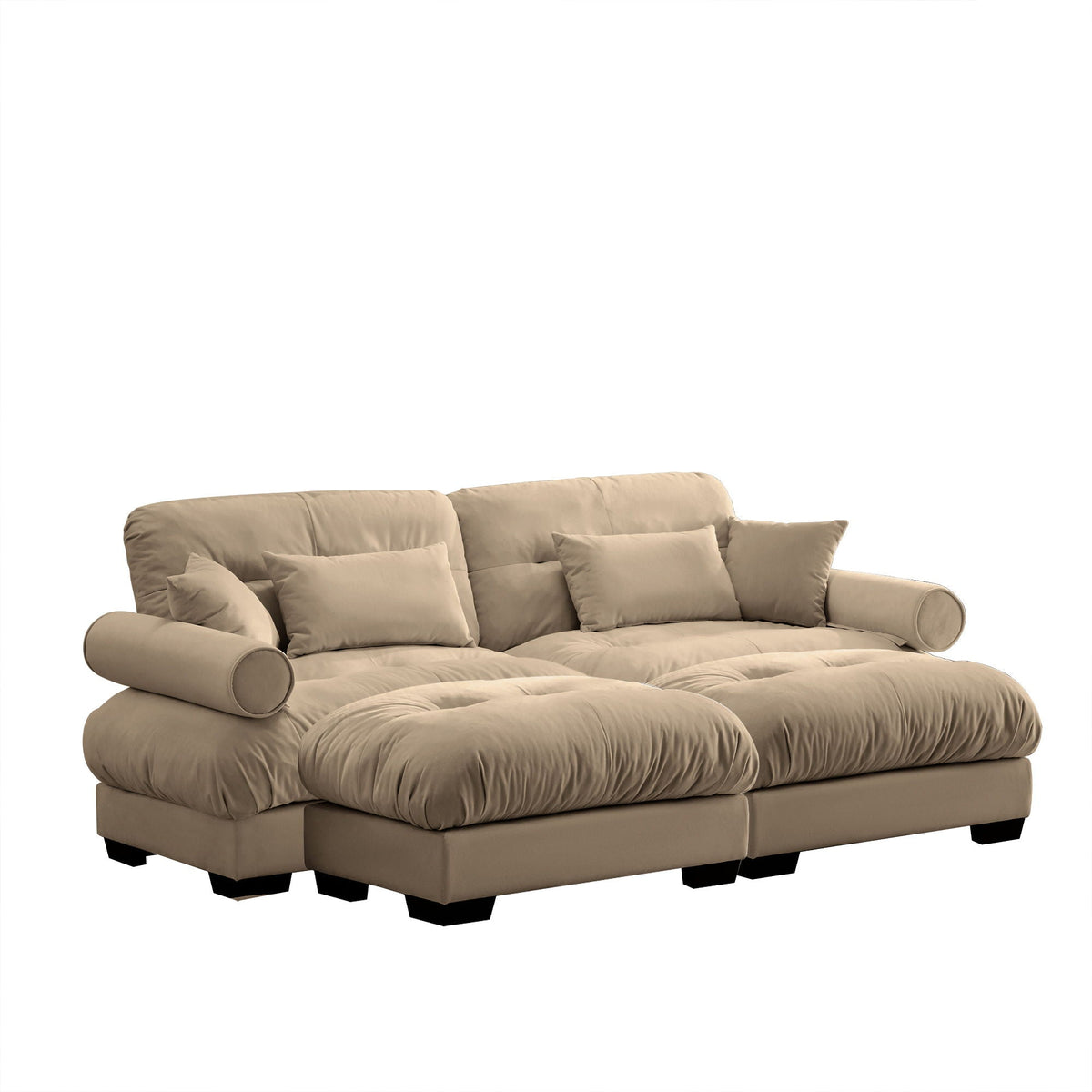 Modern Sectional Sofa with Ottoman, Round Bolster Armrests, Waist & Throw Pillows