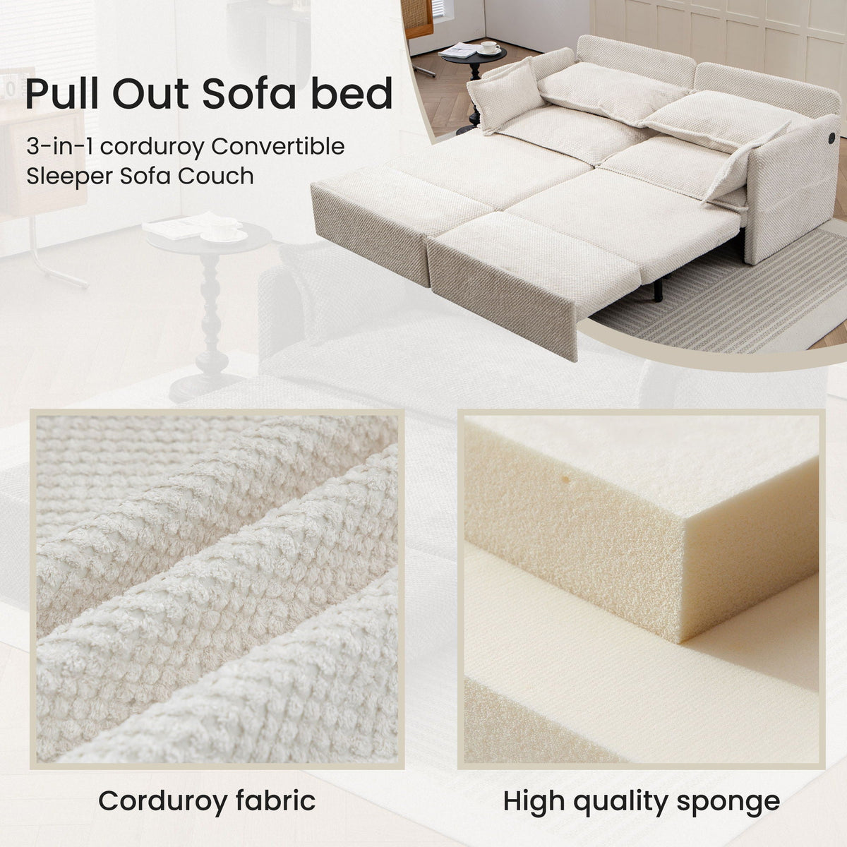 Pull Out Sofa Bed, Convertible Sleeper Sofa, Side Storage