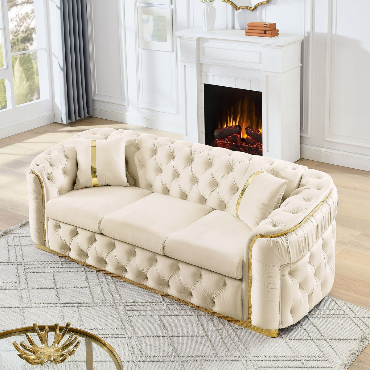 Button Tufted Couch with 2 Pillows, 3-Seater Luxury Chesterfield Sofa
