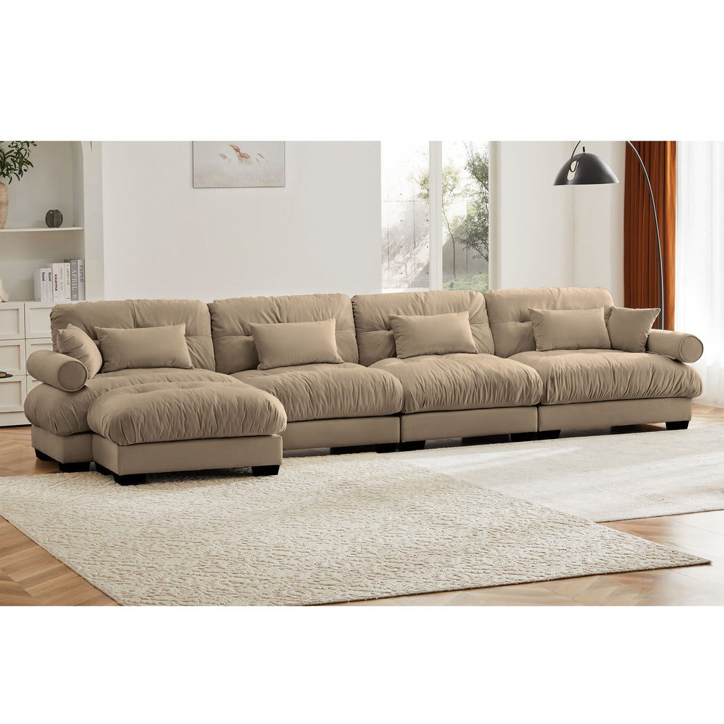 Modern Sectional Sofa with Ottoman, Round Bolster Armrests, Waist & Throw Pillows