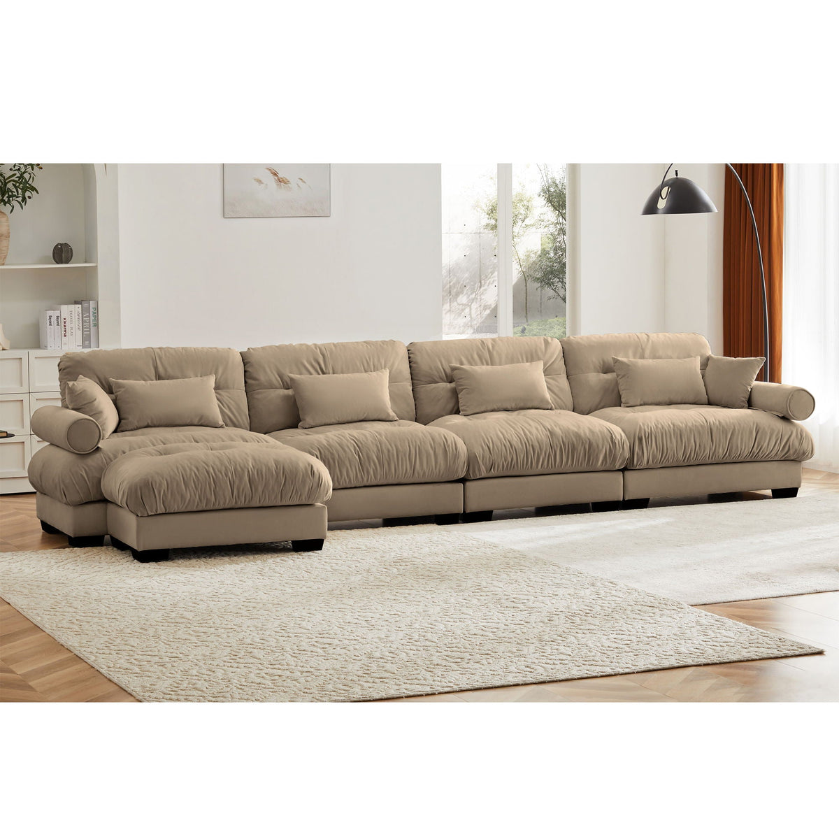 Modern Sectional Sofa with Ottoman, Round Bolster Armrests, Waist & Throw Pillows