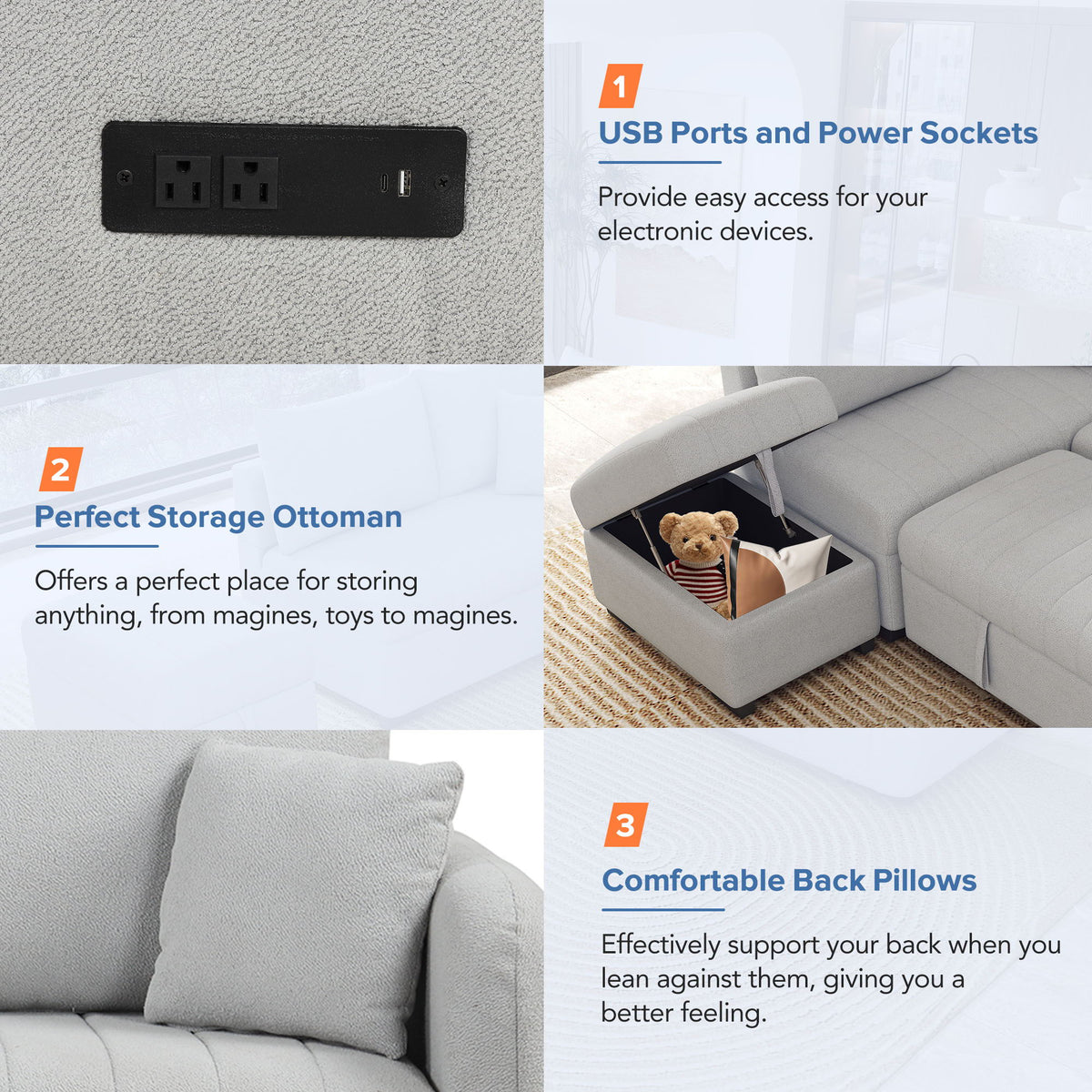 L-Shaped Sectional Pull Out Sofa Bed Sleeper Sofa with Two USB Ports