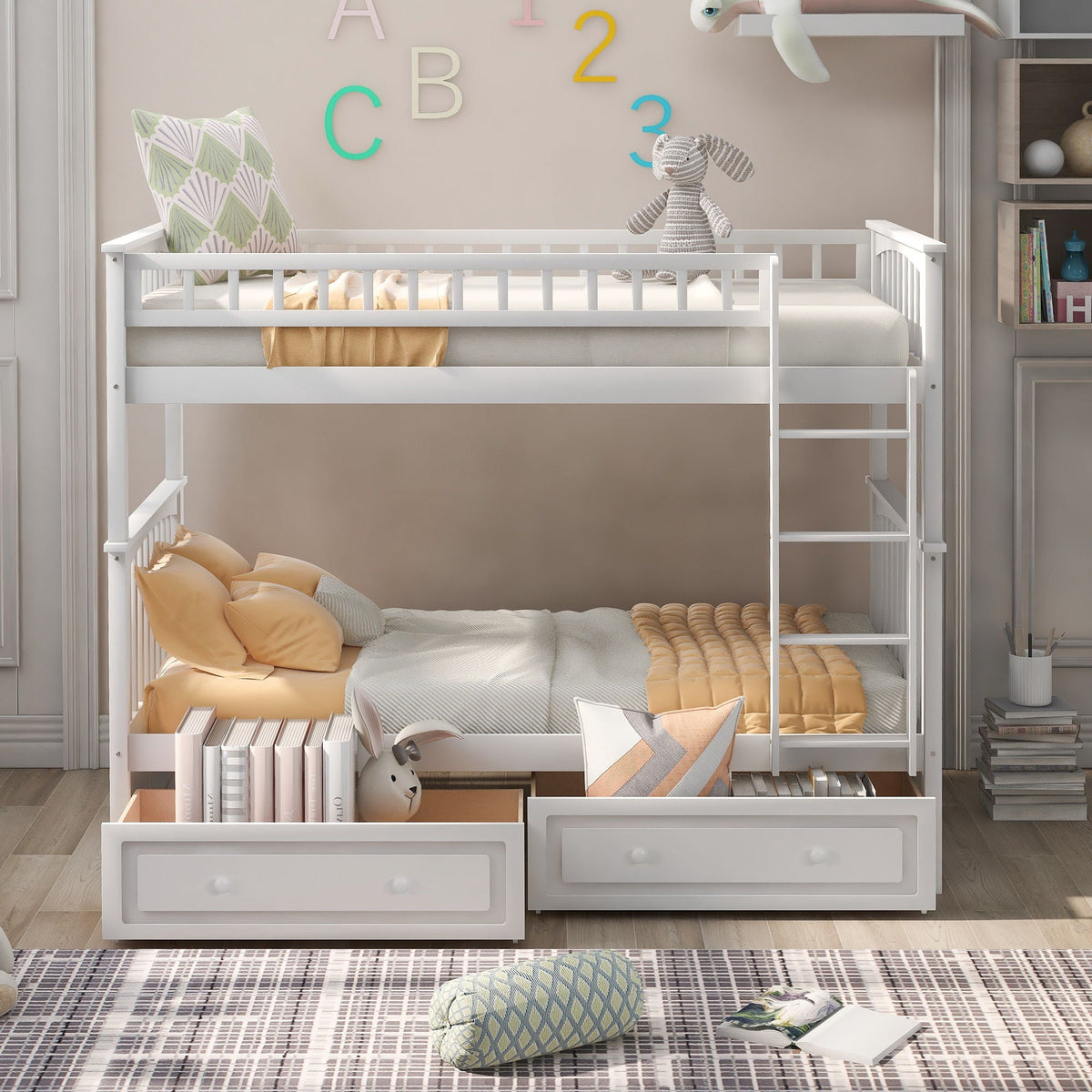 Mystrene - Twin Over Twin Bunk Bed with Drawers, Convertible Beds