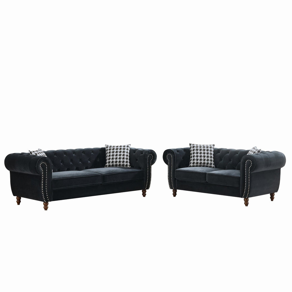 Chesterfield 3 & 2-Seater Upholstery Sofa with Roll Armrest & Nailhead Fabric Couch