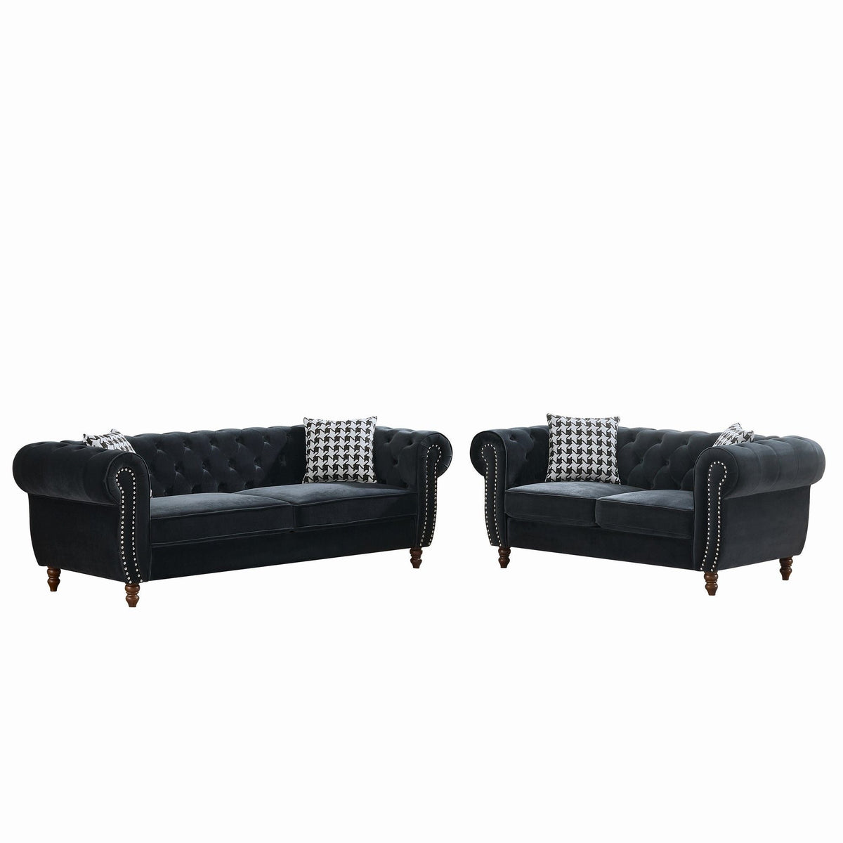 Chesterfield 3 & 2-Seater Upholstery Sofa with Roll Armrest & Nailhead Fabric Couch