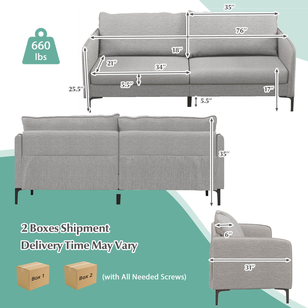 Modern 76 Inch Loveseat Sofa Couch for Apartment Dorm with Metal Legs – Gray