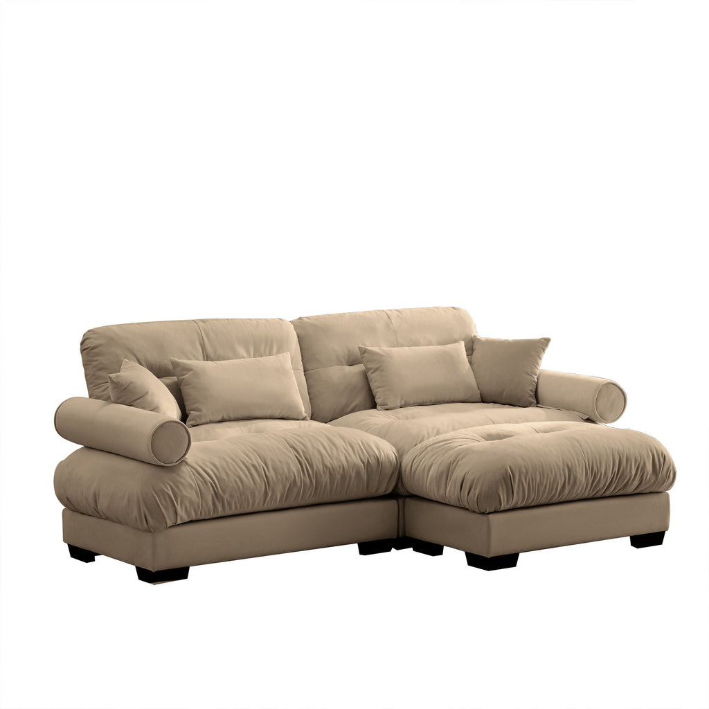 Modern Sectional Sofa with Ottoman, Round Bolster Armrests, Waist & Throw Pillows
