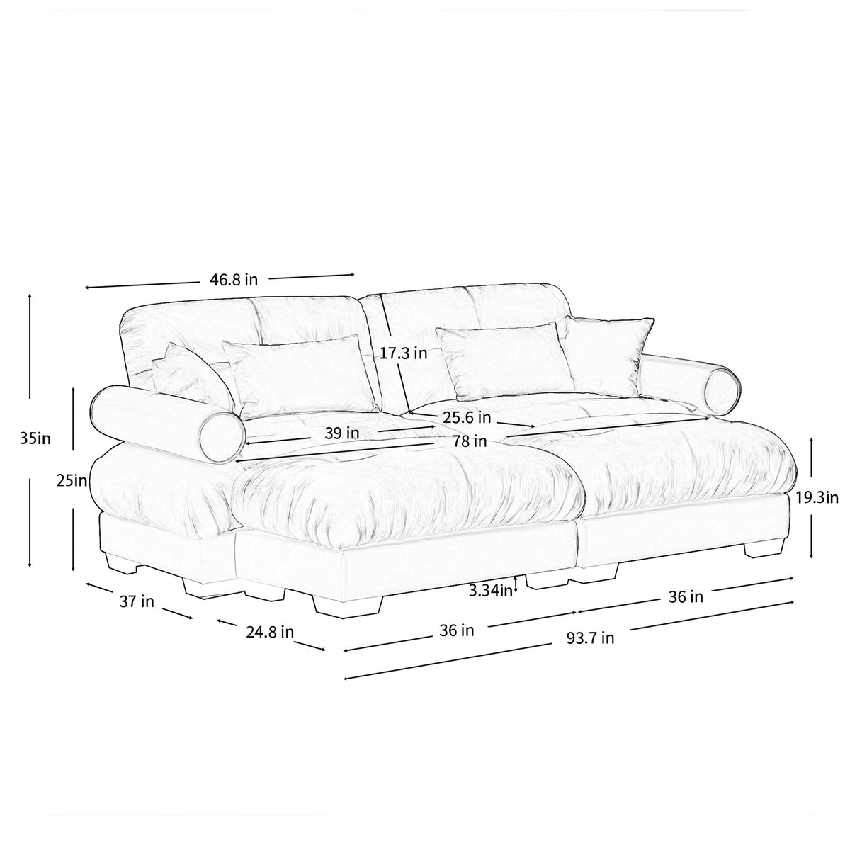 Modern Sectional Sofa with Ottoman, Round Bolster Armrests, Waist & Throw Pillows