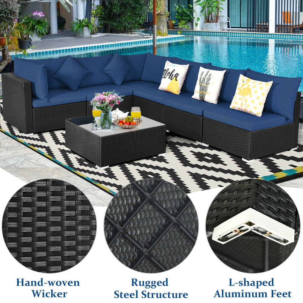 7-Piece Sectional Wicker Furniture Sofa Set with Tempered Glass Top – Red
