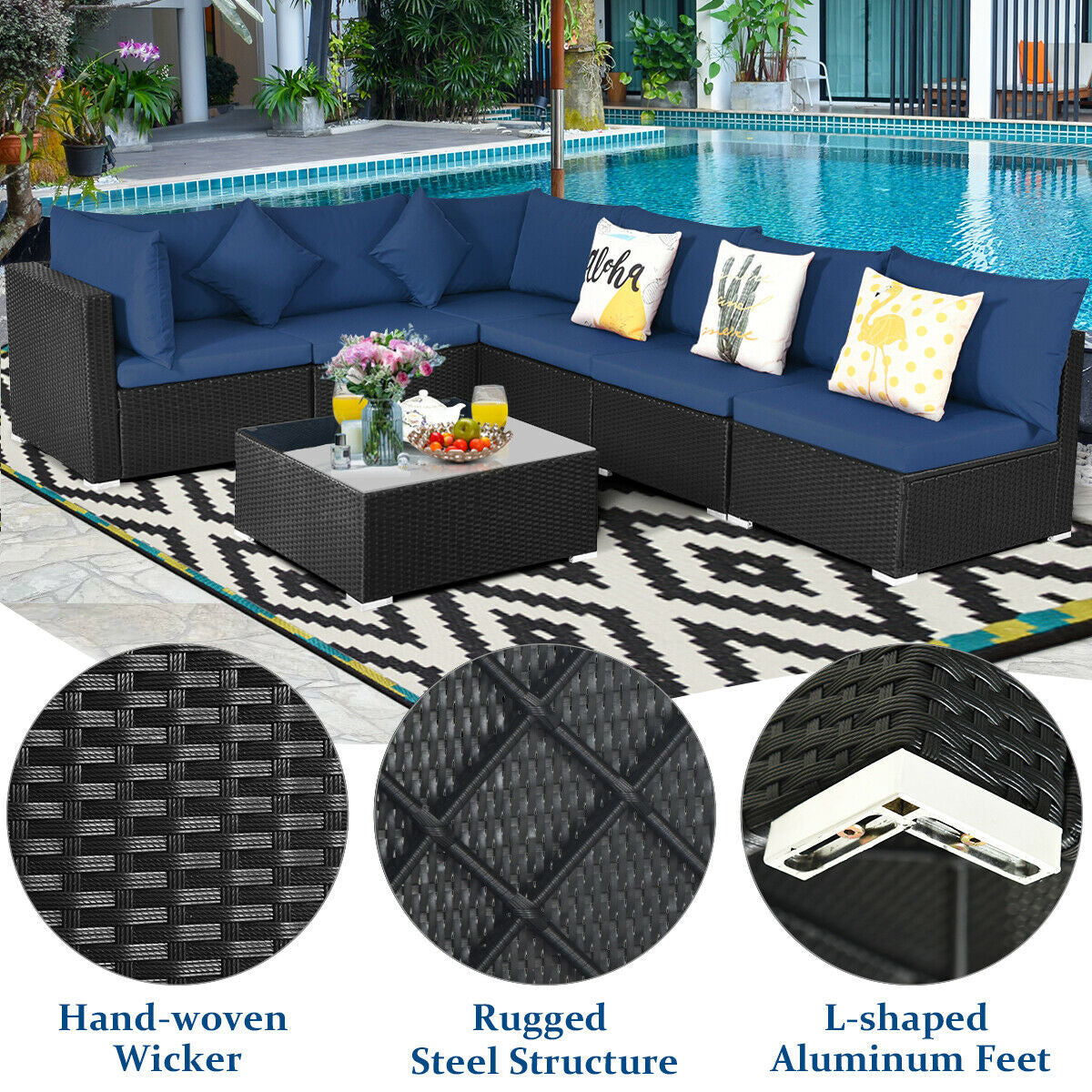 7-Piece Sectional Wicker Furniture Sofa Set with Tempered Glass Top – Red