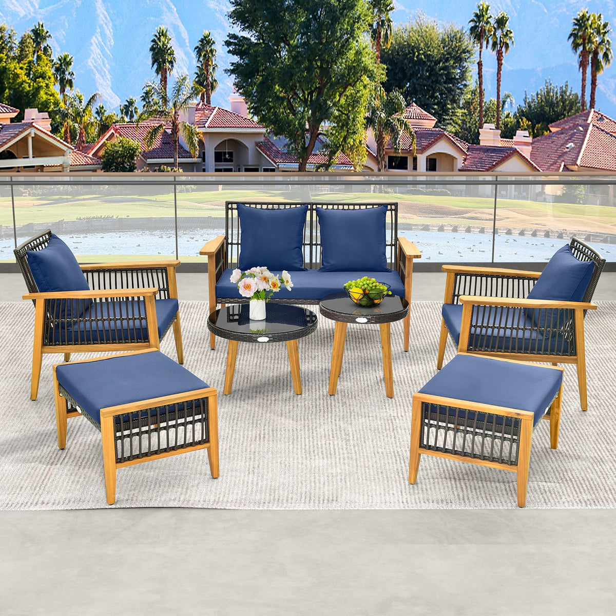7 Piece Outdoor Conversation Set with Stable Acacia Wood Frame Cozy Seat & Back Cushions – Navy