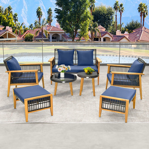 7 Piece Outdoor Conversation Set with Stable Acacia Wood Frame Cozy Seat & Back Cushions – Navy