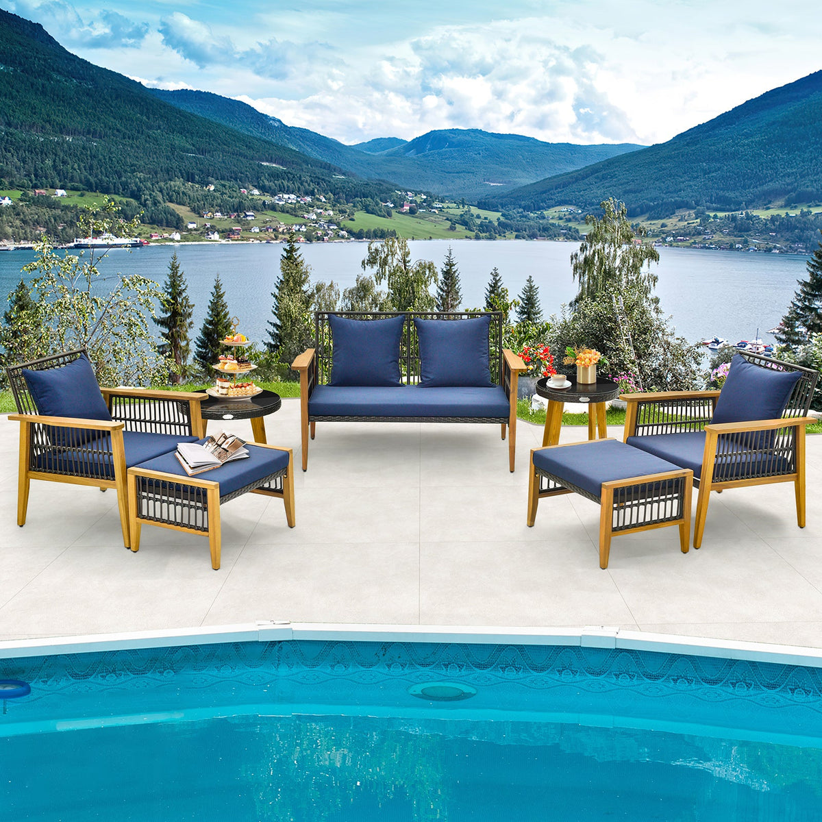 7 Piece Outdoor Conversation Set with Stable Acacia Wood Frame Cozy Seat & Back Cushions – Navy