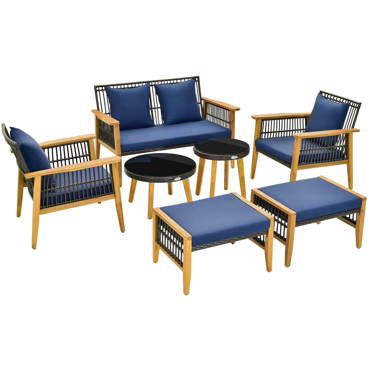 7 Piece Outdoor Conversation Set with Stable Acacia Wood Frame Cozy Seat & Back Cushions – Navy
