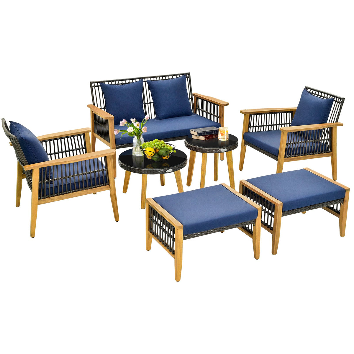 7 Piece Outdoor Conversation Set with Stable Acacia Wood Frame Cozy Seat & Back Cushions – Navy