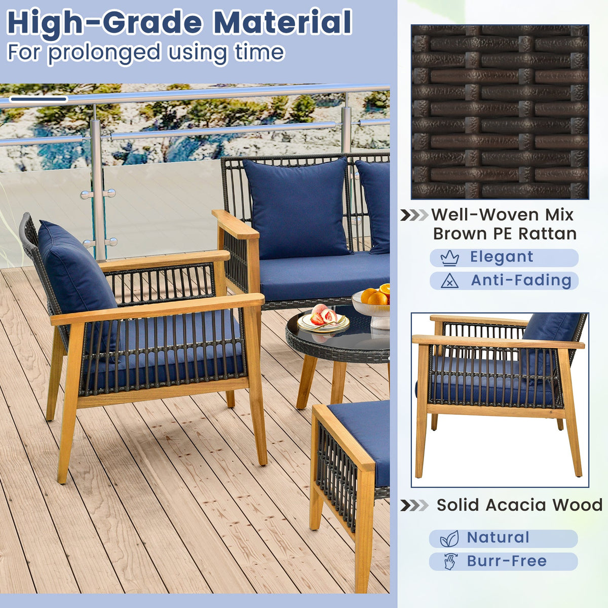 7 Piece Outdoor Conversation Set with Stable Acacia Wood Frame Cozy Seat & Back Cushions – Navy